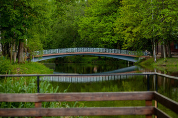 Fototapeta na wymiar Beautiful park with a lake and a bridge over the lake reflection over water