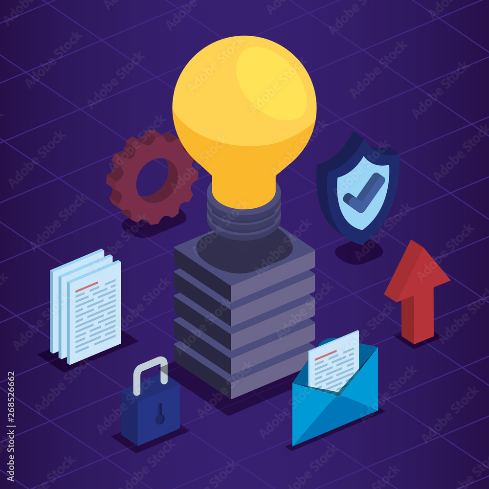 Poster bulb with documents and shield with padlock security