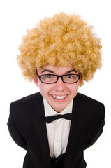 Young man wearing afro wig