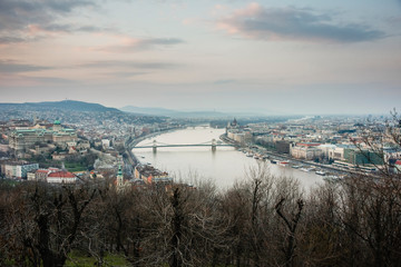 Sunset view of the city of Budapest on a cloudy day.