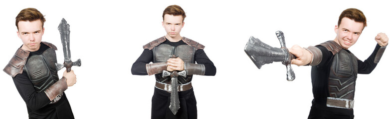 Young funny man in armour suit 
