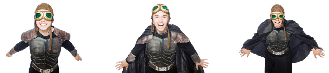 Young funny man in armour suit 
