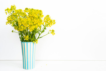 Fresh yellow flowers stand in a vase on a white background. Spring bouquet.