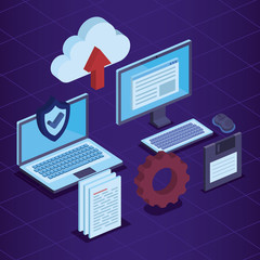 laptop and computer with shield security document to cloud data upload