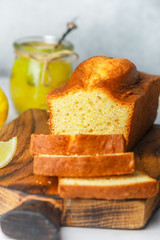 Homemade pound cake with lemon and jam. Traditional treat for tea. Citrus loaf cake. Selective focus