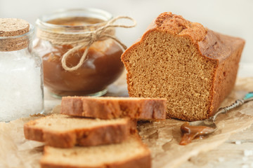Delicious homemade pound cake with caramel and sea salt. Sweet loaf. Dessert for gourmets. Selective focus