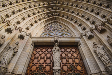 BARCELONA SPAIN - MAY 2 2019: The Cathedral of the Holy Cross and Saint Eulalia, also known as Barcelona Cathedral in Barcelona. Is the Gothic cathedral and seat of the Archbishop