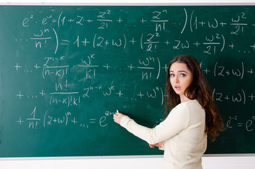 Young female math teacher in front of chalkboard  