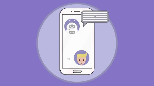 Phone screen animation with a robot consultant and a user having a conversation.Customer support concept.