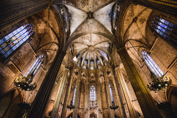 Fototapeta na wymiar BARCELONA - MAY 10 2019: Interior of Cathedral of the Holy Cross and Saint Eulalia, in Barcelona, Spain