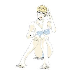 Young beautiful hot girl sit in swimsuit.