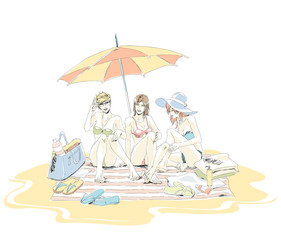 Obraz na płótnie Canvas Beautiful girls on sand beach in swimsuit