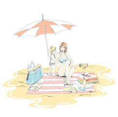 Obraz na płótnie Canvas Happy mom and child sit on a sand beach on vacation