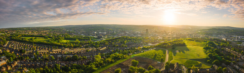 12k Aerial Panorama of Sheffield City at Sunset