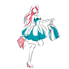 Sketch with elegant girl with shopping bags