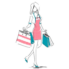Sketch with elegant girl with shopping bags