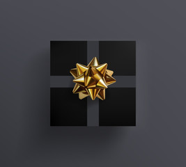 Decorative black gift box with realistic glittering golden bow