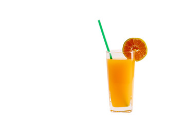 Pure orange juice no sugar, fresh from oranges fruit, healthy and refreshing drink in a glass with green straw. On isolated white background with cipping path.