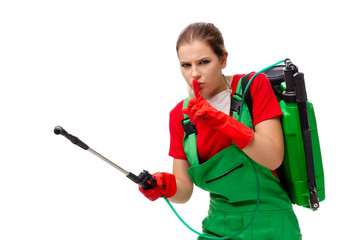 Female pest control contractor isolated on white 