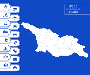Flat high detailed Georgia map. Divided into editable contours of administrative divisions. Vacation and travel icons. Template for your design works. Vector illustration.