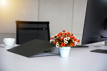 Working folder and accessories put on working table ready to morning assignment