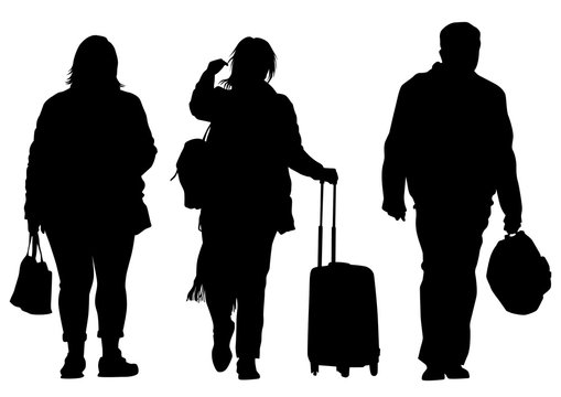 Group of tourists with travel suitcases on a white background