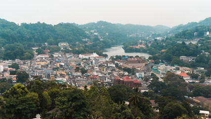 Fototapeta na wymiar Aerial panorama skyline view of Kandy city and lake in Sri Lanka