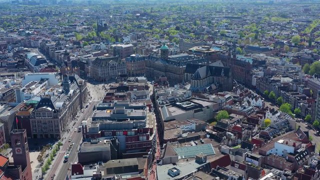 Aerial view of cityscape of Amsterdam, capital city of Netherlands, historic centre, Royal Palace Amsterdam (Koninklijk Paleis Amsterdam) - landscape panorama of Europe from above