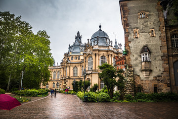 Obraz premium Vajdahunyad castle in the city park in a Budapest, capital of Hungary.