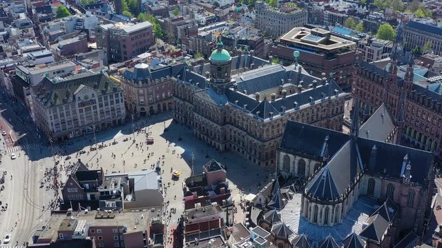 Aerial view of cityscape of Amsterdam, capital city of Netherlands, historic centre, Royal Palace Amsterdam (Koninklijk Paleis Amsterdam) - landscape panorama of Europe from above