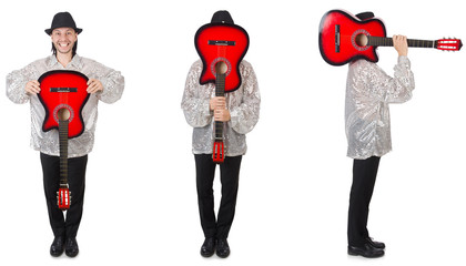 Young man with guitar isolated on white 