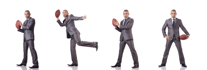 Man with american football ball isolated on white
