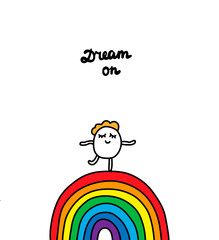 Dream on hand drawn vector illustration. Cartoon men dancing on the rainbow. Minimalism