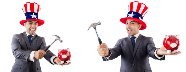 Man with american hat and piggybank and hummer 