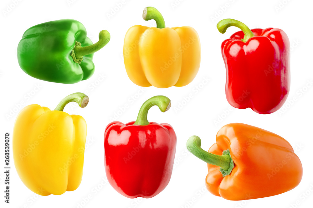 Poster isolated peppers. collection of bell peppers different in shape and color (red, green, yellow, orang