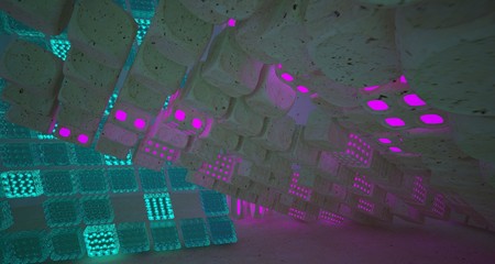 Abstract  Concrete Glass Smooth Futuristic Sci-Fi interior With Colored Glowing Neon Tubes . 3D illustration and rendering.
