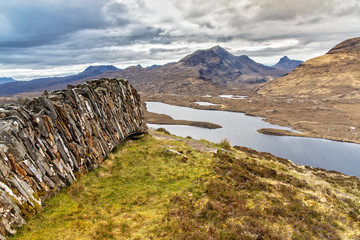 Fototapeta na wymiar Panorama of the Knochan Crag Trail in the North West Highlands close to Ullapool 