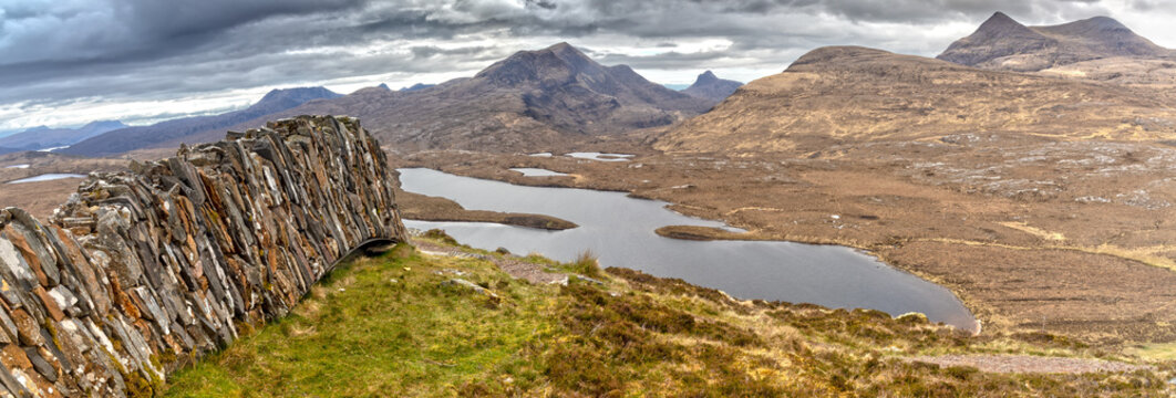 Panorama of the Knochan Crag Trail in the North West Highlands close to Ullapool 