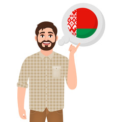 Happy bearded man says or thinks about the country Belarus, European country icon, traveler or tourist vector illustration