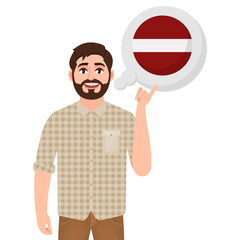 Happy bearded man says or thinks about the country of Latvia, European country icon, traveler or tourist vector illustration