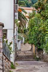 Fototapeta na wymiar Morning narrow street Budva, Montenegro
