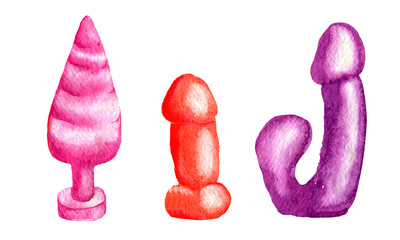 Sex toys for women cartoon hand drawn watercolor background. Colorful red pink purple latex dildo vibrator with granulation isolated on white background - obrazy, fototapety, plakaty