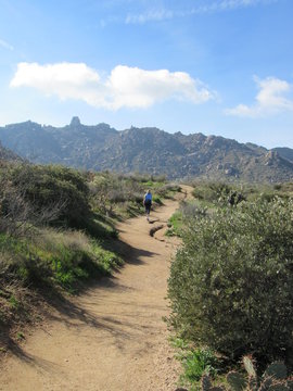 View of a trail with hikers on the path to Tom's Thumb in the McDowell Mountains in the Sonoran desert near Scottsdale, Arizona 