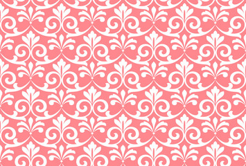 Wallpaper in the style of Baroque. Seamless vector background. White and pink floral ornament. Graphic pattern for fabric, wallpaper, packaging. Ornate Damask flower ornament