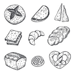 Bread set. Hand drawn vector illustration. Baguette, pretzel, focaccia, sandwich. Can be used for bakery, street festival, farmers market, country fair, shop, menu, cafe, restaurant