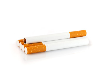 Tobacco smoking. Cigarette close up, isolated on white background.  Bad habit. Nicotine. Drug addiction. Cancer.