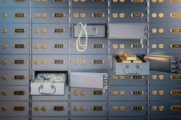 Open safe deposit box with money, jewels and golden ingots. Financial banking investment concept. - obrazy, fototapety, plakaty