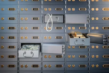 Foto op Canvas Open safe deposit box with money, jewels and golden ingots. Financial banking investment concept. © Maksym Yemelyanov