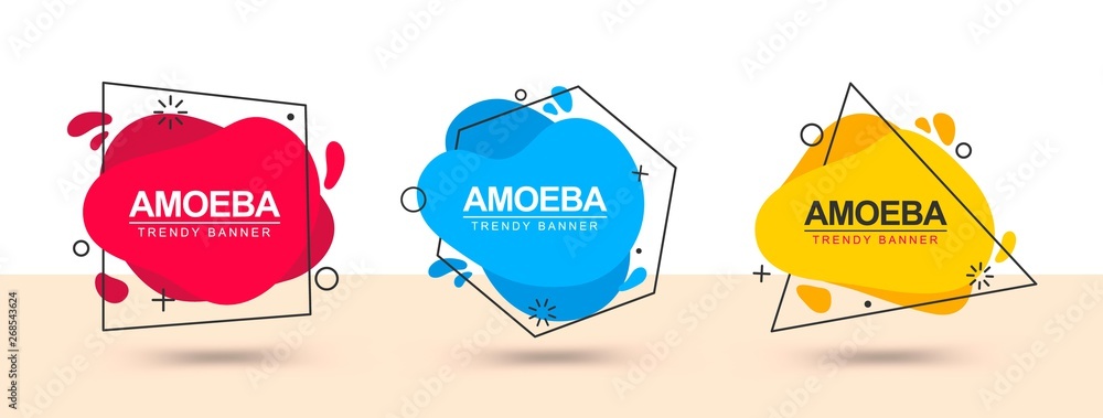 Poster Vector flat abstract banners of three colors in memphis design style. Ready template for use in the web and printing in typography.