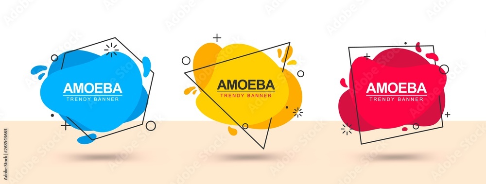 Poster Blue, red, yellow banner with black outline in the form of geometric shapes. Abstract banners for use in web and print design.